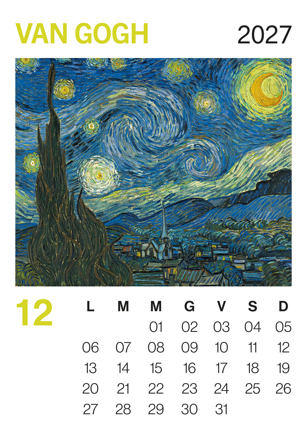 Calendario Van Gogh 2027 da parete (30 x 42 cm)
